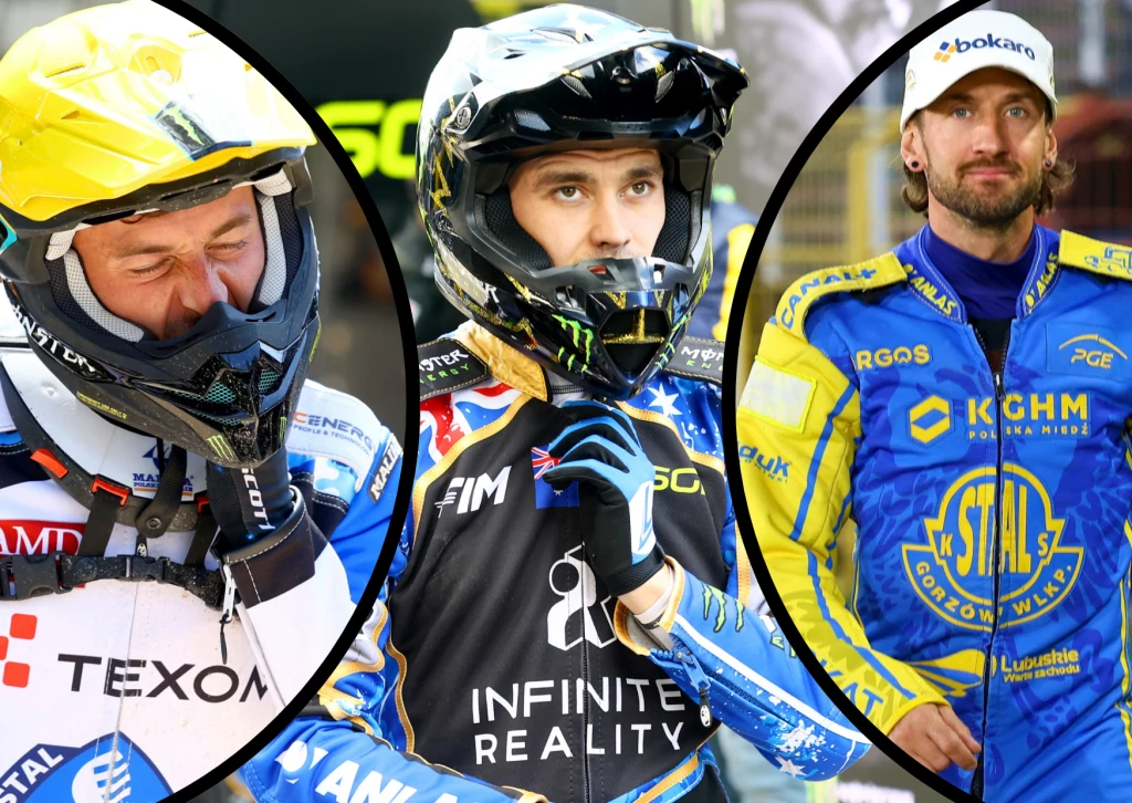 Trzech żużlowców ubranych w profesjonalne stroje, każdy w barwach swojego zespołu, rozdzielonych czarnymi liniami na trzy części; po lewej sportowiec ze ściągniętą przyłbicą kasku, po środku zawodnik z kaskiem na głowie, po prawej żużlowiec w żółto-nie...