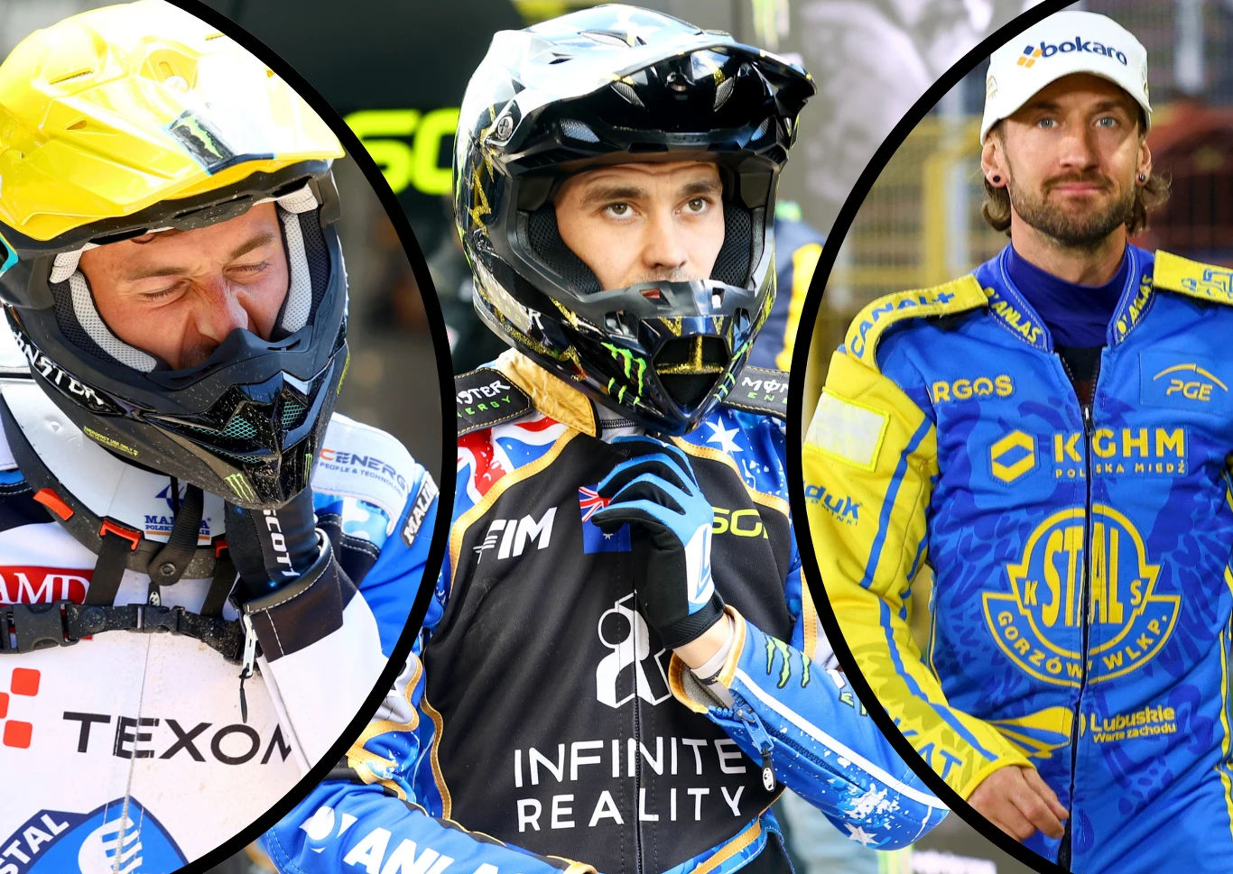 Jack Holder, Paweł Przedpełski i Anders Thomsen wreszcie mają jasność do do przyszłości Stali Gorzów. Trzech żużlowców ubranych w profesjonalne stroje, każdy w barwach swojego zespołu, rozdzielonych czarnymi liniami na trzy części; po lewej sportowiec ze ściągniętą przyłbicą kasku, po środku zawodnik z kaskiem na głowie, po prawej żużlowiec w żółto-nie...