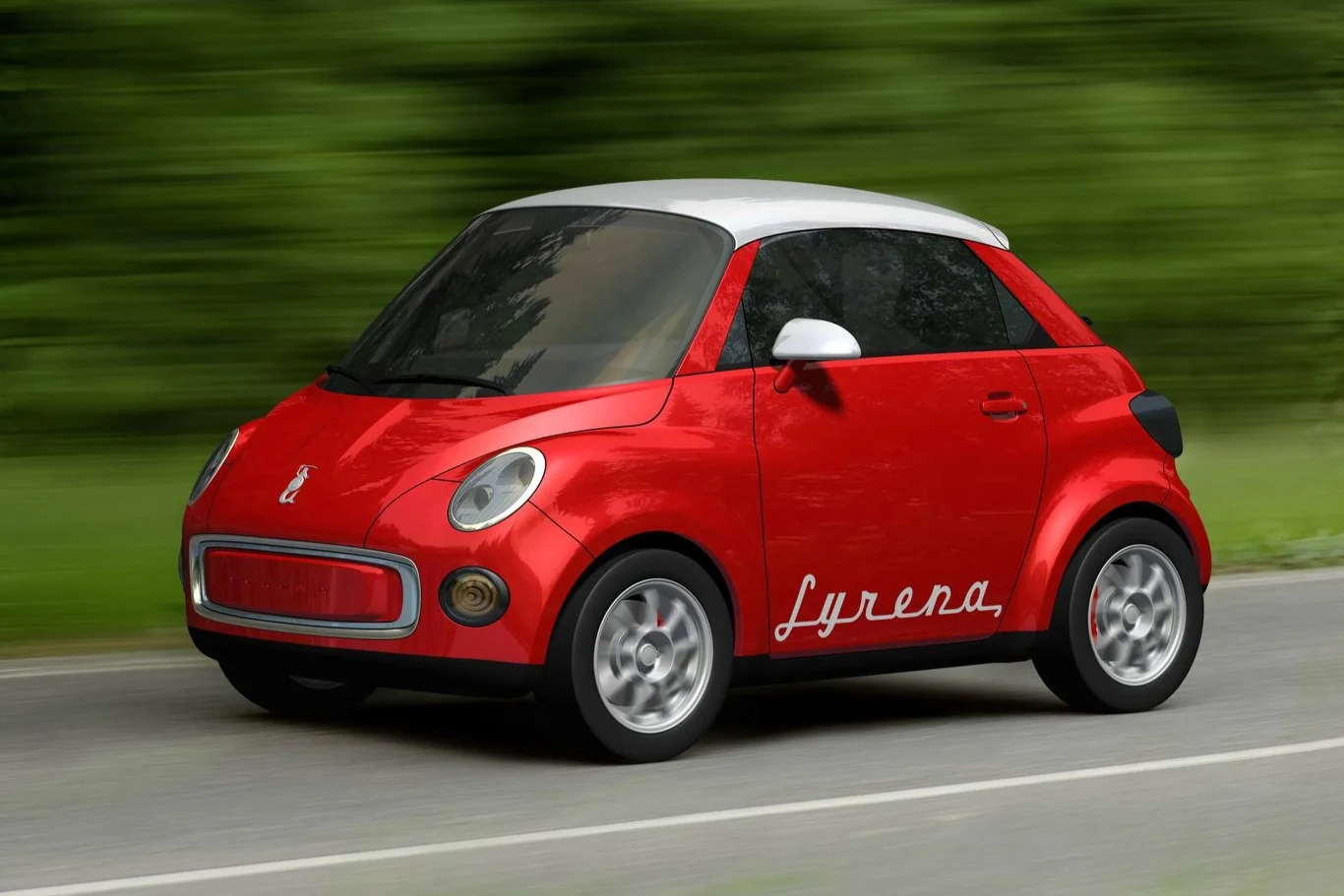 Nowoczesny, kompaktowy samochód o czerwonym nadwoziu i białym dachu jadący po drodze, na bocznej karoserii widoczny napis Syrena.