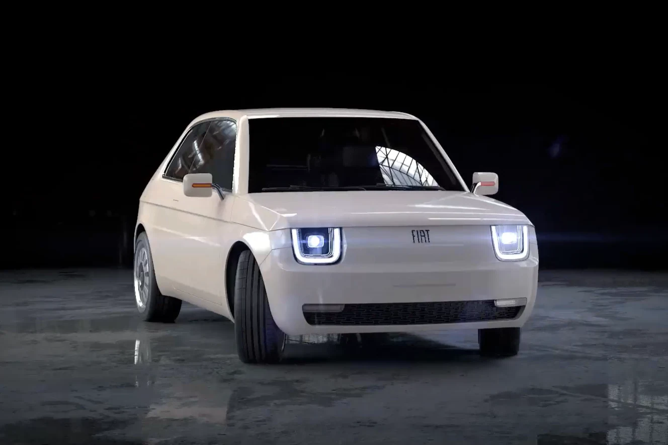 Nowoczesny, biały samochód marki Fiat o kompaktowej sylwetce, wyeksponowany na neutralnym tle, z wyraźnymi reflektorami LED i designerskimi liniami nadwozia.