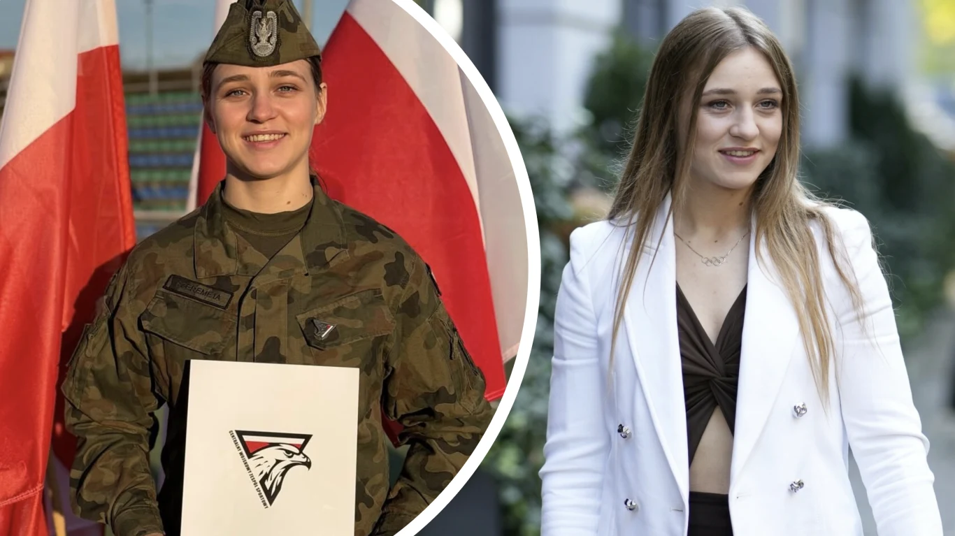 Julia Szeremeta awansowała w wojsku Żołnierka w mundurze wojskowym stoi na tle flag Polski, trzymając certyfikat z logo, obok młoda kobieta w eleganckiej białej marynarce oraz ciemnej bluzce, uśmiechnięta, na tle miejskiej zabudowy.