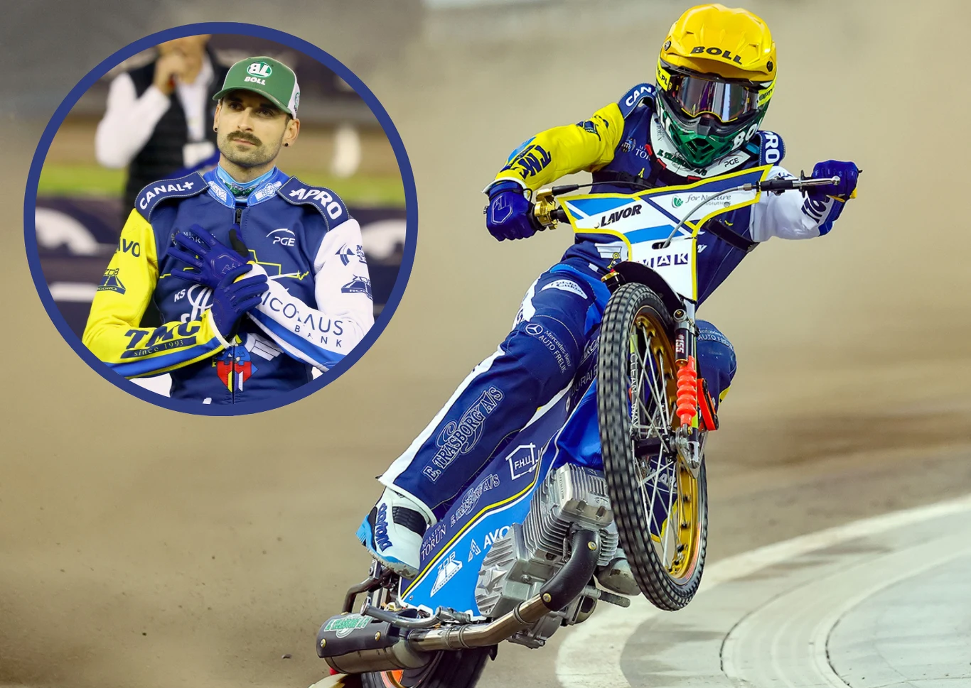 Mikkel Michelsen odpocznie od startów w cyklu Grand Prix Zawodnik żużlowy w żółtym kasku pochyla się na motocyklu podczas dynamicznego zakrętu na torze, w tle widoczny kurz. W okrągłej ramce portret innego żużlowca w kombinezonie i czapce klubowej.