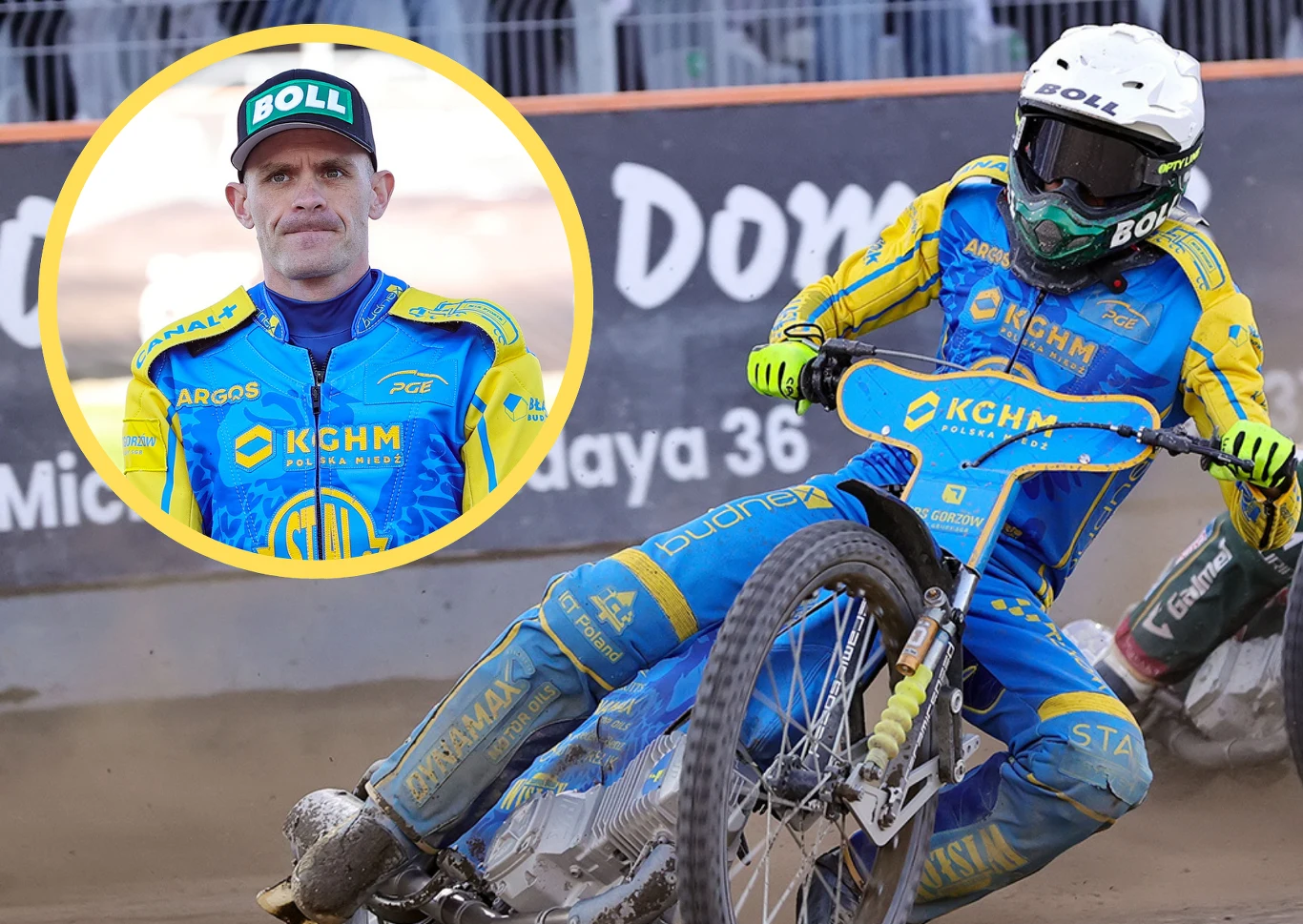 Martina Vaculika czeka rok pełen zmian Zawodnik żużlowy w niebiesko-żółtym kombinezonie z logo sponsorów wykonuje dynamiczny manewr na motocyklu podczas wyścigu na torze żużlowym, w lewym górnym rogu widoczny portret tego samego sportowca w czapeczce z napisem BOLL.