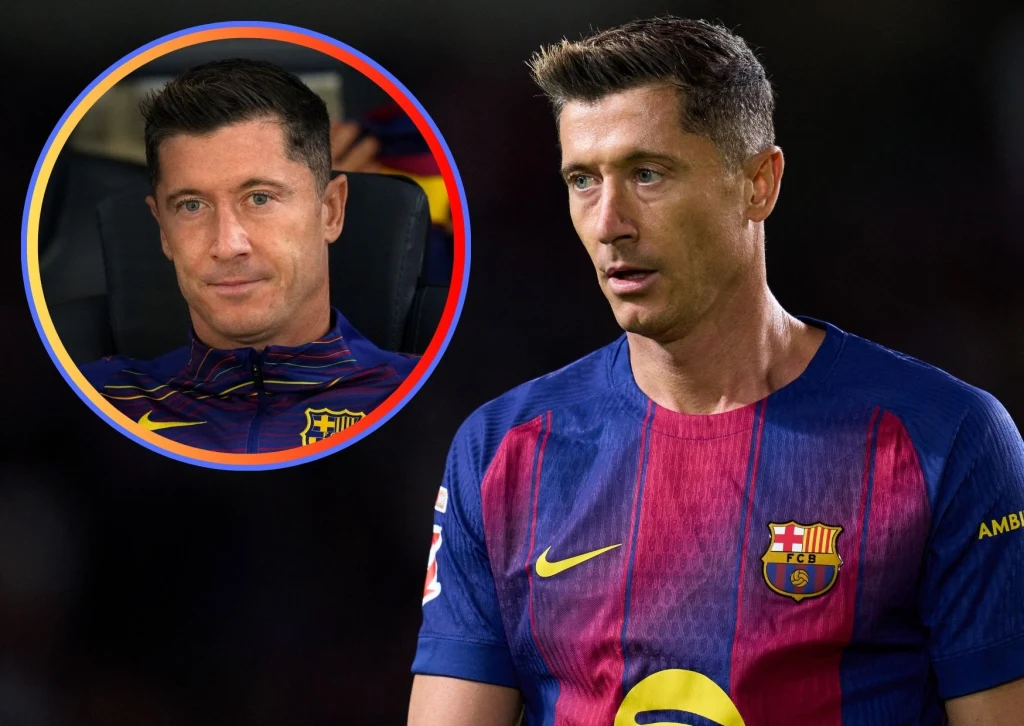 Robert Lewandowski w FC Barcelona Piłkarz klubu FC Barcelona w granatowo-bordowej koszulce z herbem i logo sponsora, w tle nałożone okrągłe zbliżenie jego twarzy podczas wywiadu lub odpoczynku na ławce rezerwowych.