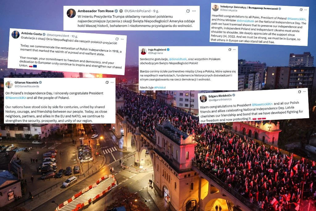 Życzenia z okazji Święta Niepodległości płyną z całego świata Wieczorna panorama miasta z tłumem ludzi z biało-czerwonymi flagami przechodzącym przez most, otoczonym zabudowaniami. Na górze widoczne wpisy dyplomatyczne i gratulacyjne z okazji polskiego Święta Niepodległości.