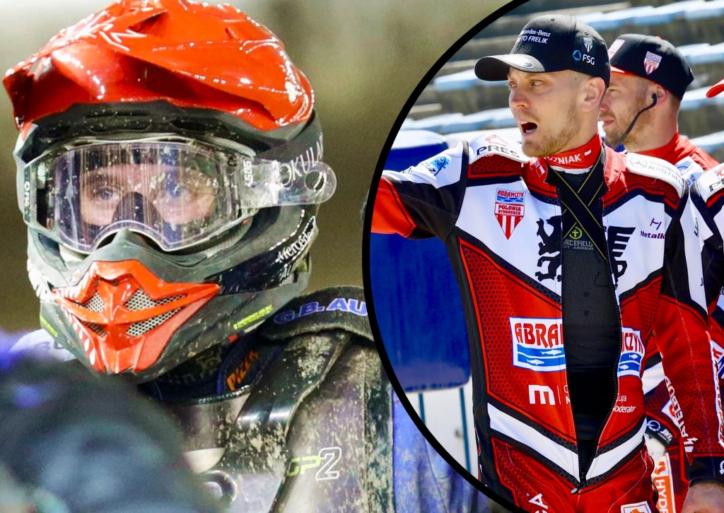 Sportowiec w kasku motocyklowym z goglami oraz inny zawodnik w stroju żużlowca gestykulujący na torze. Dominują barwy czerwieni, czerni i bieli, widoczne elementy ochronne oraz emblematy sponsorskie.