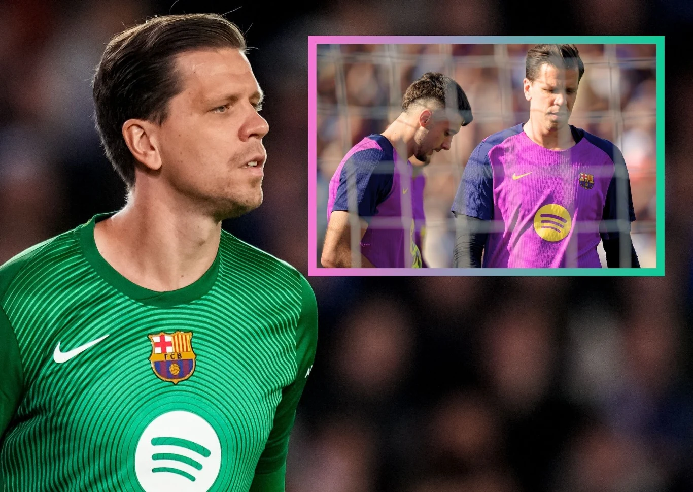 Wojciech Szczęsny i Joan Garcia w FC Barcelona Piłkarz w zielonym stroju bramkarza z herbem FC Barcelony oraz logo sponsora, w tle rozmazana publiczność. W ramce umieszczono dwóch zawodników w fioletowych strojach treningowych, skupionych na boisku.