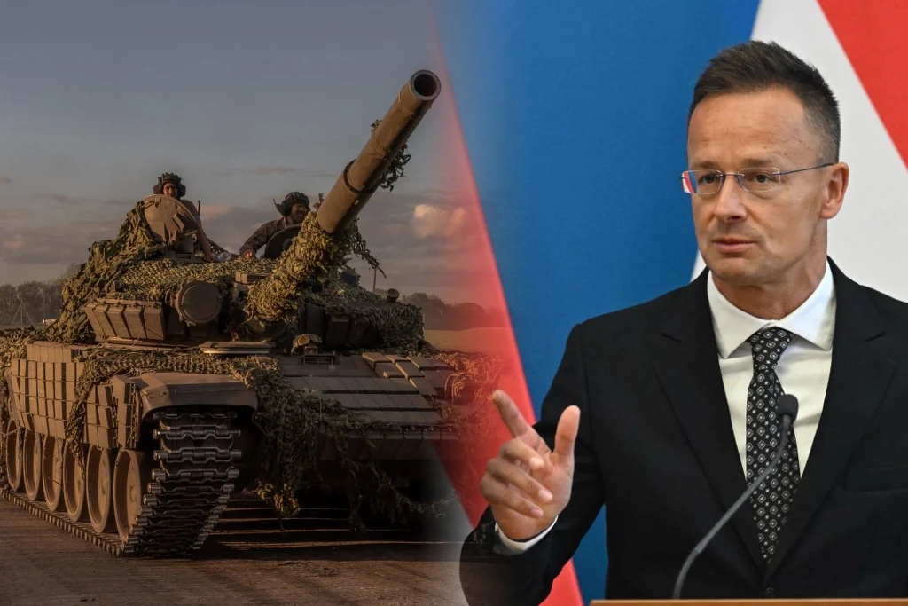 Szef węgierskiej dyplomacji Peter Szijjarto przestrzegł przed wciąganiem Węgier w kolejną wojnę. Czołg pokryty siatkami maskującymi na polu oraz mężczyzna w garniturze przemawiający przy mikrofonie na tle flagi w oficjalnej scenerii.