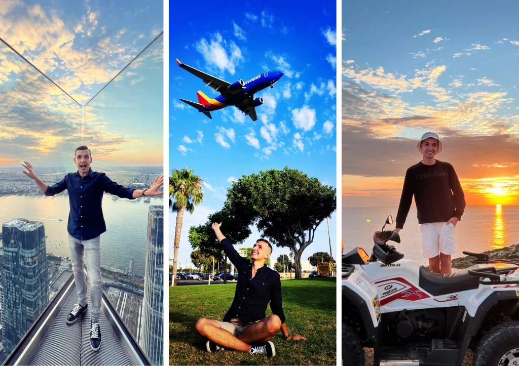 Mateusz Kowalewicz Mężczyzna podziwiający panoramę miasta z tarasu widokowego, następnie na trawie wskazuje na lecący samolot, w końcu stoi przy quadzie na tle zachodu słońca nad wodą.