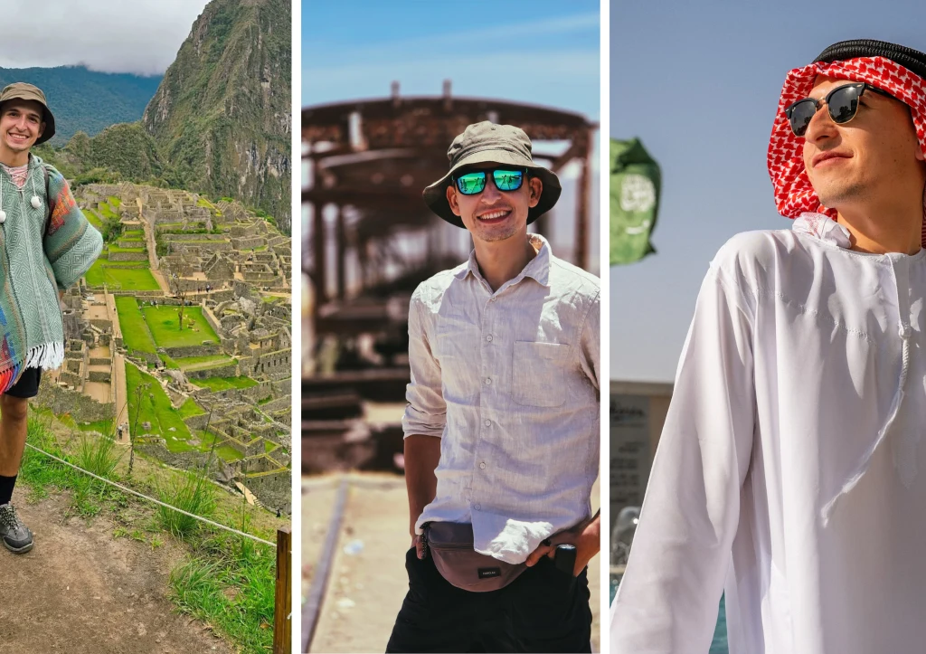 Mateusz Kowalewicz Trzy zdjęcia młodego mężczyzny podróżującego po różnych krajach, po lewej stronie tło Machu Picchu, po środku stara lokomotywa, po prawej tradycyjny strój arabski i błękitne niebo.