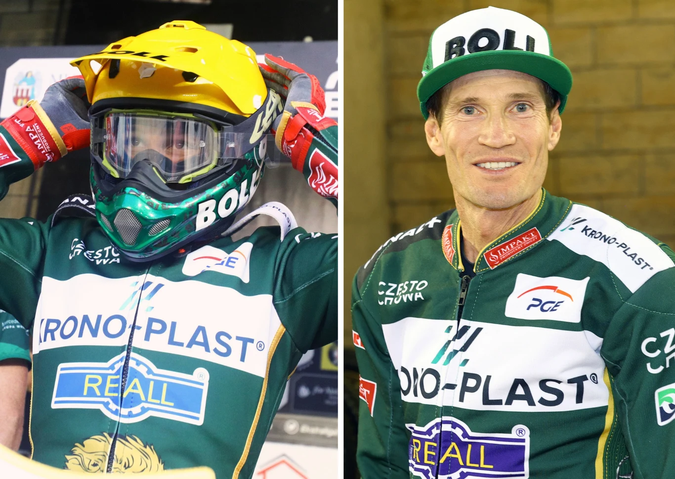 Dwóch żużlowców w zielono-żółtych kombinezonach z nazwami sponsorów, po lewej osoba w kasku i goglach przygotowująca się do jazdy, po prawej uśmiechnięty mężczyzna bez kasku.