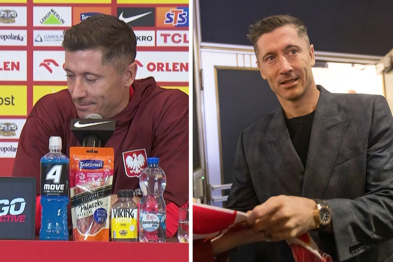 Robert Lewandowski Po lewej stronie mężczyzna w czerwonej kurtce z orłem na piersi siedzi przy stole z mikrofonami i napojami na tle ściany z logotypami sponsorów, po prawej ten sam mężczyzna w szarej marynarce podpisuje coś i uśmiecha się lekko.