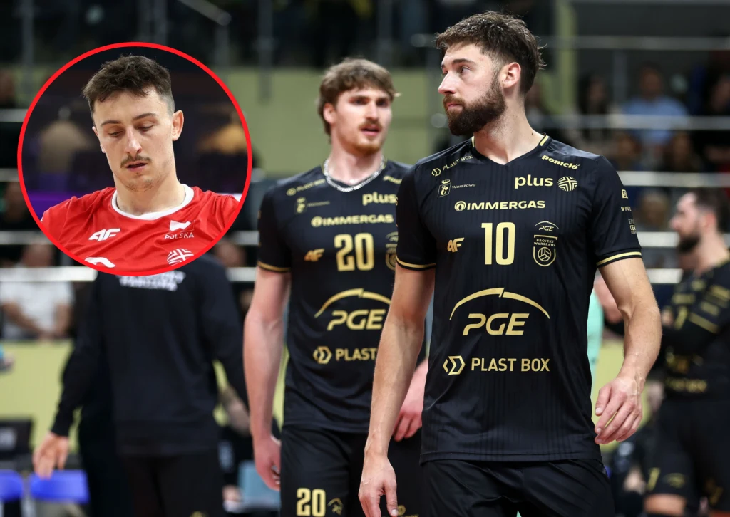 Jan Firlej (w kółku) nie ma wątpliwości: PGE Projektowi Warszawa porażki takie jak ta z Barkomem nie przystoją Siatkarze drużyny PGE Skra Bełchatów ubrane w czarne stroje sportowe na boisku podczas meczu siatkarskiego, na pierwszym planie dwójka zawodników z numerami 13 i 20, w lewym górnym rogu okrągła wstawka z portretowym zdjęciem innego sportowca w czerwone...