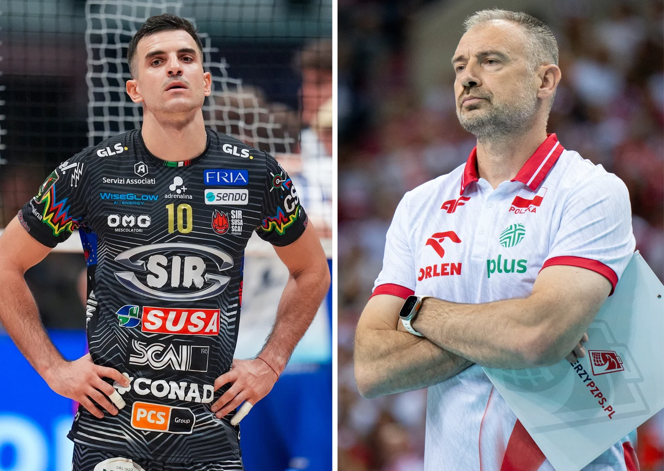 Po lewej stronie siatkarz w ciemnym stroju sportowym z licznymi logotypami sponsorów na tle hali sportowej, po prawej trener w białej koszulce z logiem reprezentacji Polski trzymający dokumenty, obaj skupieni na grze.