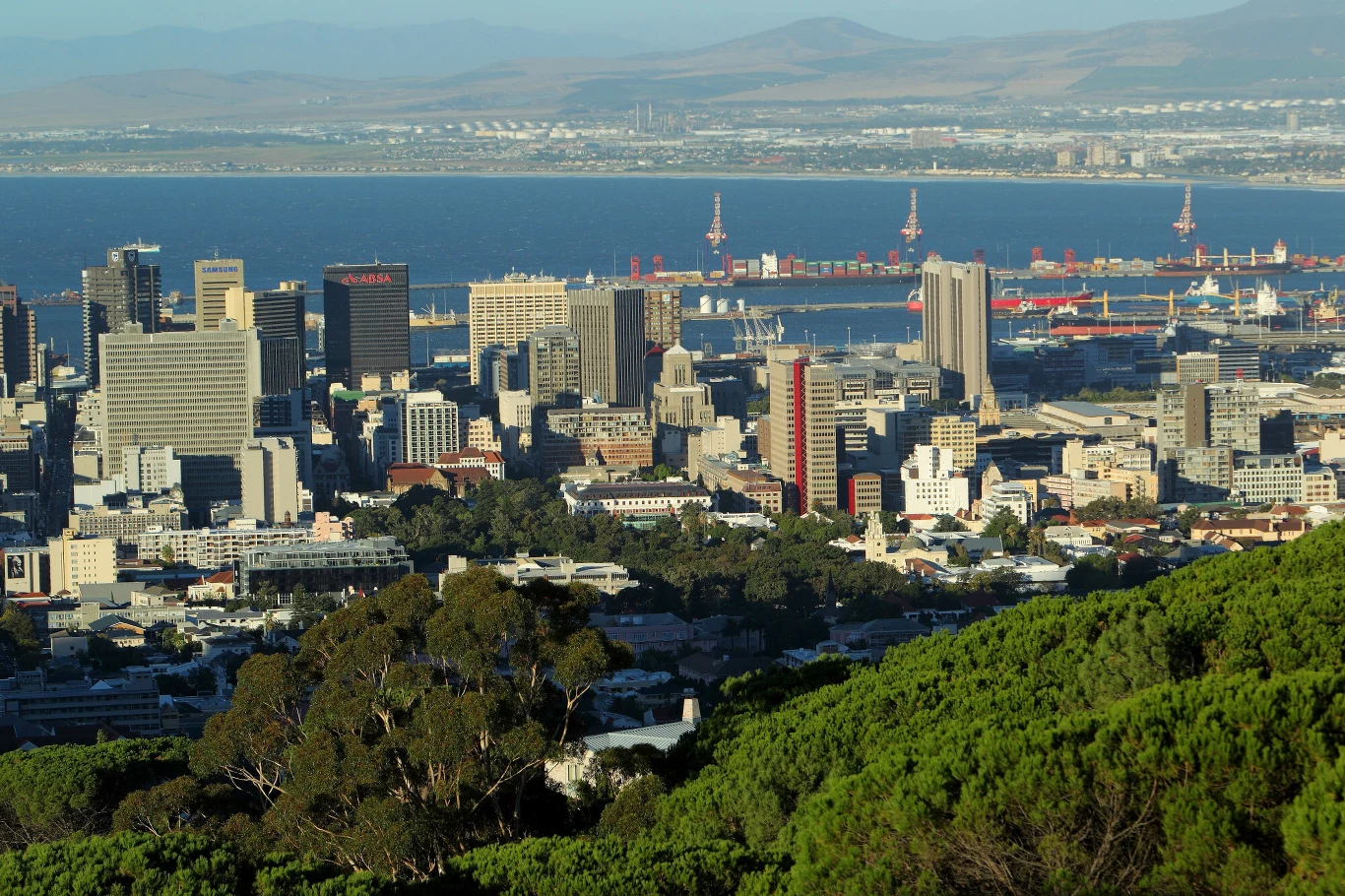 Afryka staje się nowym kierunkiem dla polskiego biznesu (na zdj. Kapsztad / RPA) Panorama dużego miasta z nowoczesną zabudową, w tle port z żurawiami, kontenerowcami i Zatoką, u dołu zdjęcia zielone drzewa parkowe.