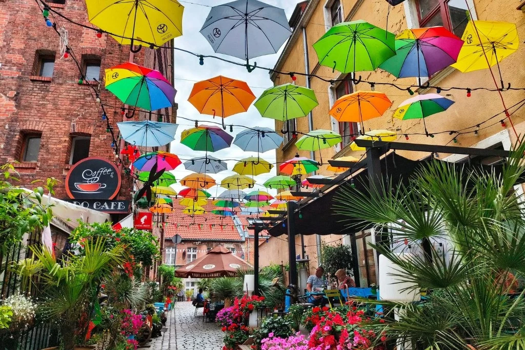 Kolorowe parasole zawieszone nad wąską uliczką ze stolikami kawiarni, liczne doniczki z kwiatami i roślinami, fasady kamienic w tle, przyjazna i kreatywna atmosfera miejskiej przestrzeni.
