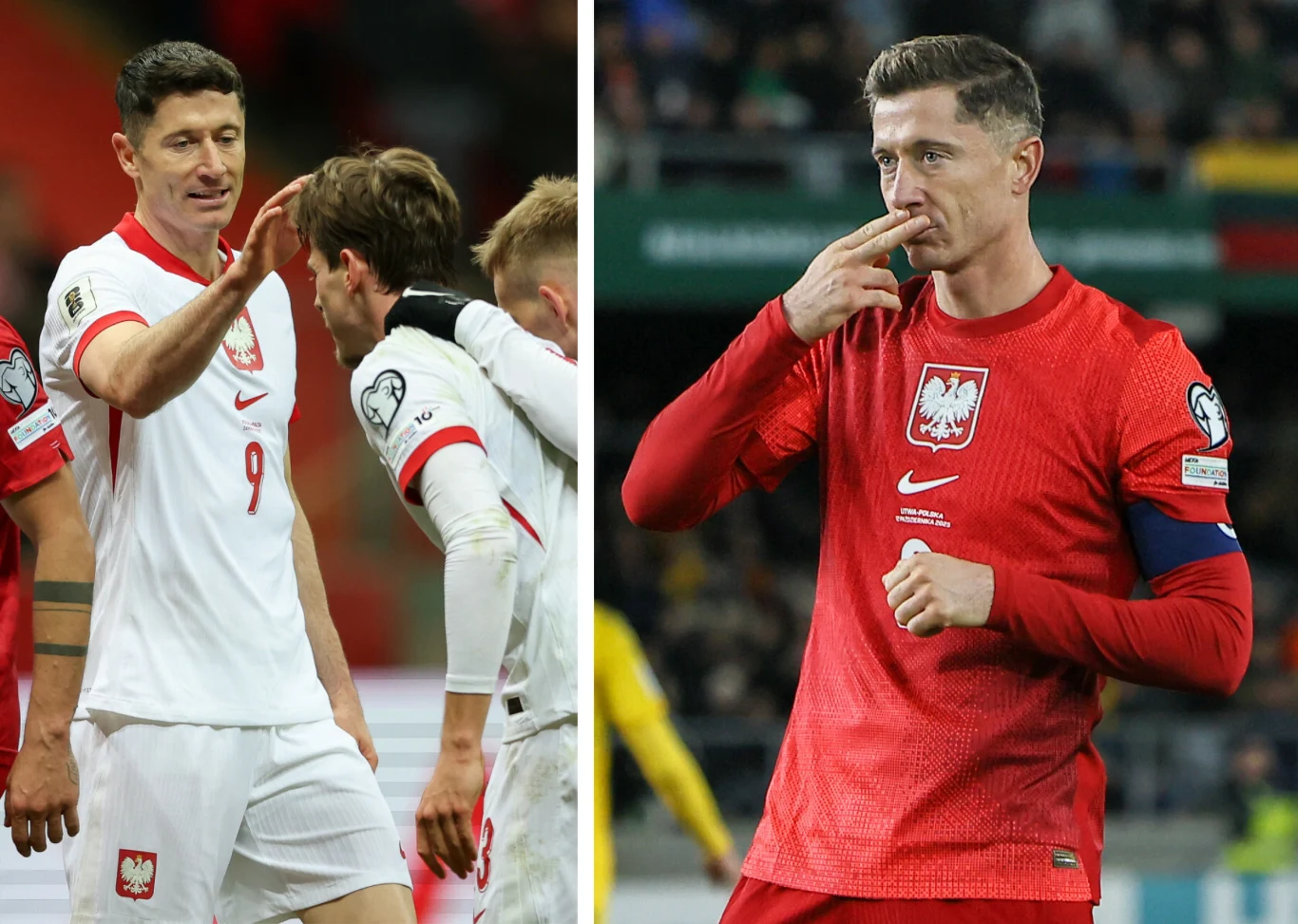 Na zdjęciu Robert Lewandowski i Jakub Kamiński w barwach reprezentacji Polski Piłkarz reprezentacji Polski w dwóch ujęciach podczas meczu piłkarskiego, w białym i czerwonym stroju, wykonujący gest złożonych palców przy ustach, w tle pozostali zawodnicy oraz stadion.