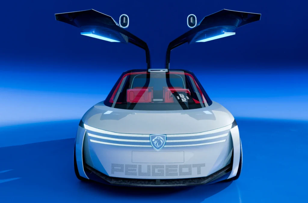 Polygon został opracowany jako lekka konstrukcja testowa. Nowoczesny, futurystyczny samochód elektryczny marki Peugeot z otwartymi drzwiami typu „skrzydła mewy”, wyraziste światła LED oraz aerodynamiczna sylwetka na niebieskim tle.