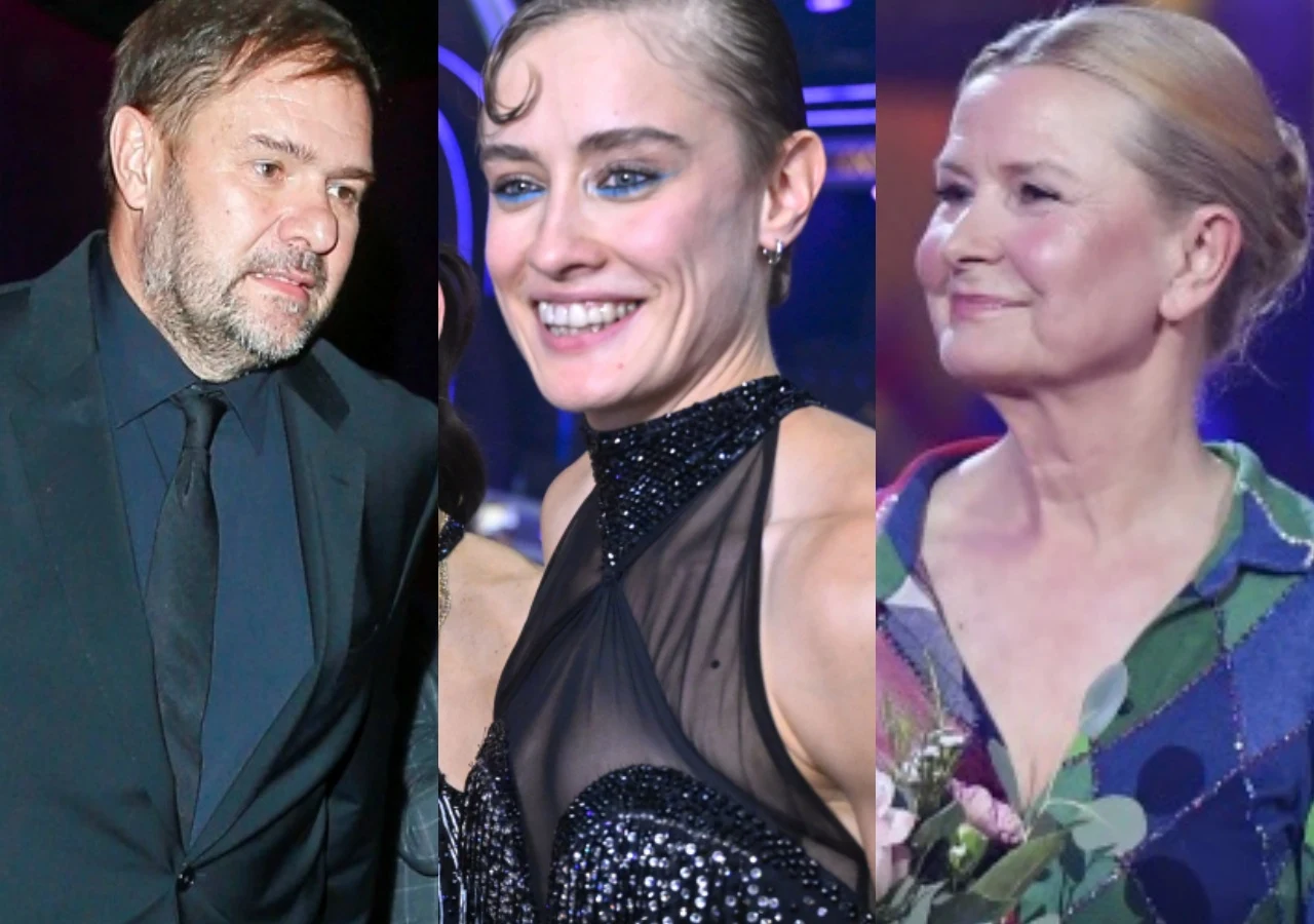 Tomasz Karolak, Katarzyna Zillmann, Barbara Bursztynowicz Trzy osoby ubrane elegancko, stojące w dobrze oświetlonym wnętrzu. Mężczyzna po lewej ma zarost i nosi ciemny garnitur, kobieta w środku ma smokey eyes oraz błyszczącą, czarną kreację z przezroczystą górą, natomiast kobieta po prawej ma jasne, upięte w...