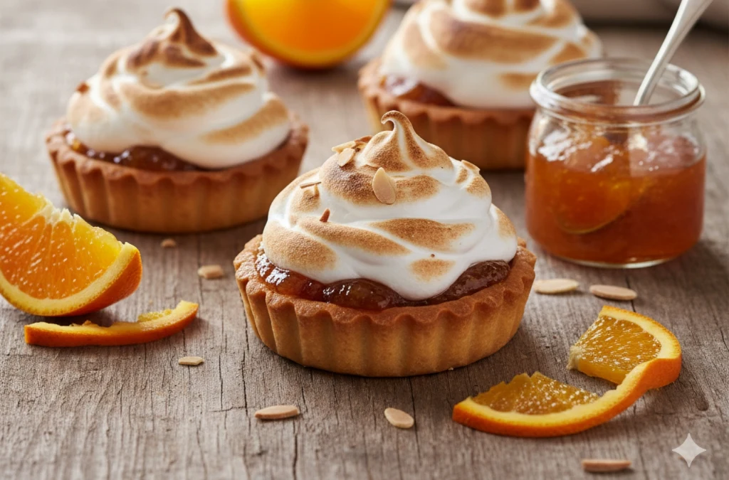 Mini tarty migdałowe z marmoladą pomarańczową i bezą — elegancki deser, który zrobisz w domu