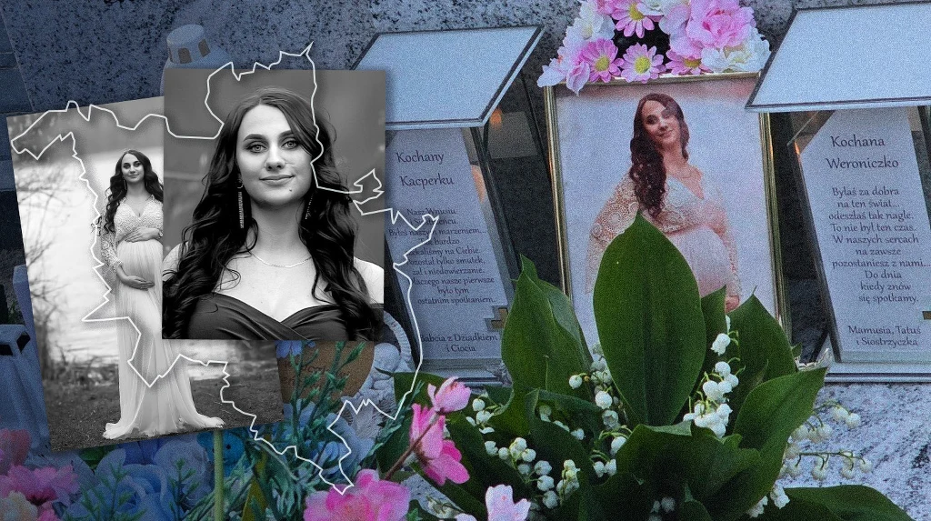 Weronika zmarła niespodziewanie w dziewiątym miesiącu ciąży Zdjęcia kobiety wśród kwiatów i zniczy umieszczonych przy płycie pamiątkowej, upamiętniającej jej życie. W tle widać fragment grobu udekorowanego kolorowymi kwiatami, a na płycie umieszczone są napisy upamiętniające zmarłą.