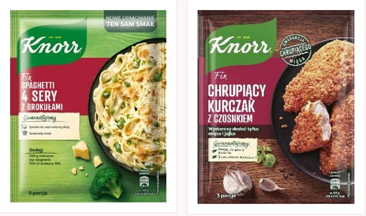 Dwa opakowania produktów marki Knorr, jedno z nich to mieszanka do spaghetti z czterema serami i brokułami, drugie to mieszanka do chrupiącego kurczaka z czosnkiem; opakowania zawierają zdjęcia gotowych potraw oraz składniki użyte w przepisach.