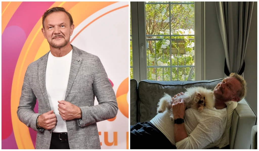 Cezary Pazura, fot. https://www.instagram.com/czarekpazura/ Mężczyzna w eleganckiej marynarce i białej koszulce na tle kolorowej ścianki oraz ten sam mężczyzna odpoczywający na kanapie przy oknie z białym psem na kolanach.