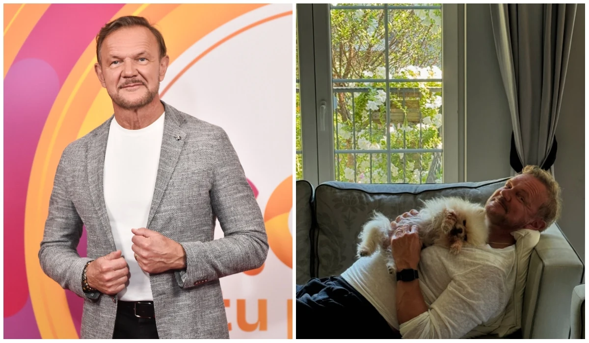 Mężczyzna w eleganckiej marynarce i białej koszulce na tle kolorowej ścianki oraz ten sam mężczyzna odpoczywający na kanapie przy oknie z białym psem na kolanach.