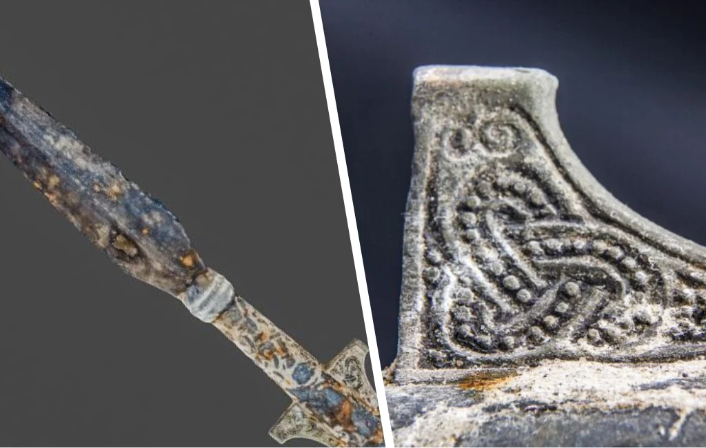 Miecz o widocznych śladach korozji z bogato zdobioną głowicą, na której znajduje się misterny motyw plecionki w stylu wikińskim. Po lewej fragment całego miecza, po prawej zbliżenie na detal ornamentu.