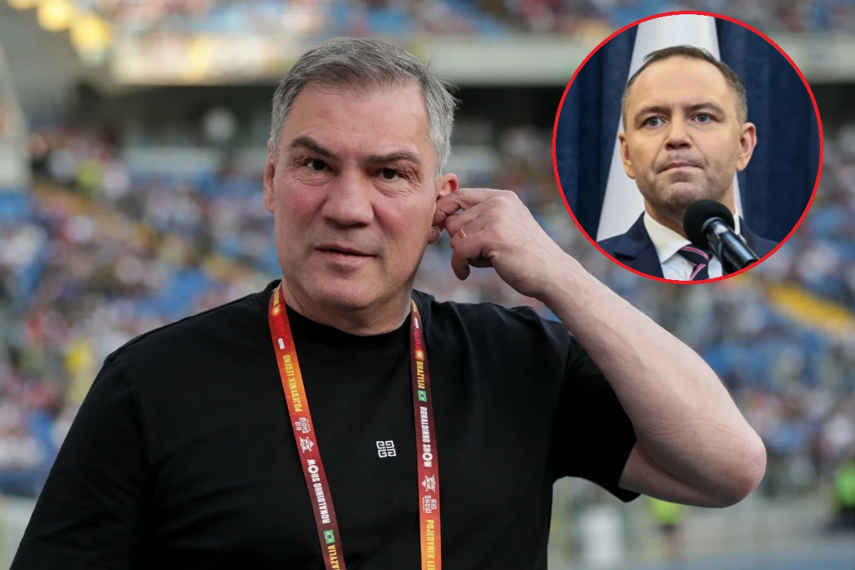 Michalczewski, Nawrocki Mężczyzna w czarnej koszulce z akredytacją sportową na szyi stoi na stadionie, wykonując gest przykładający dłoń do ucha. W prawym górnym rogu widoczne wstawione okrągłe zdjęcie mężczyzny w garniturze przemawiającego przy mikrofonie.