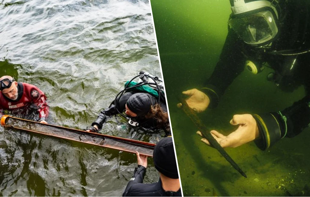 Z dna jeziora Lednica wydobyto kolejne archeologiczne skarby. To cztery wyjątkowe włócznie. Nurkowie wykonujący badania archeologiczne w wodzie, po lewej stronie wydobycie długiego przedmiotu przy pomocy specjalistycznego sprzętu, po prawej nurek pod wodą analizujący znalezisko.