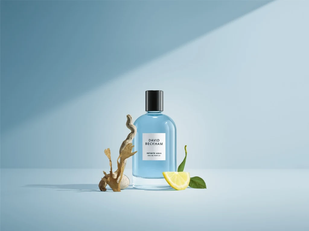 Znaki wodne cenią sobie elegancję i ponadczasowy styl Butelka perfum sygnowana marką David Beckham ustawiona na niebieskim tle, obok której znajduje się plasterek cytryny z liściem oraz element korzenia, wszystko oświetlone miękkim światłem padającym z prawej strony.