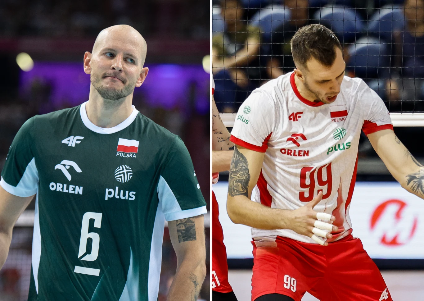 Bartosz Kurek (z lewej) i Norbert Huber (z prawej) Dwóch siatkarzy reprezentacji Polski uchwyconych w trakcie meczu, po lewej stronie zawodnik w zielonej koszulce z numerem 6, po prawej stronie zawodnik w biało-czerwonym stroju z numerem 99. W tle widać rozmyte sylwetki kibiców i elementy hali sportowej.