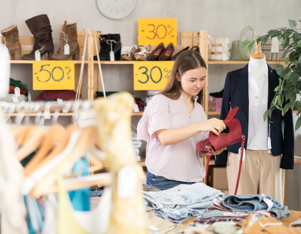 Wiara w chwilową promocję sprawia, że chętniej wydajemy pieniądze Młoda kobieta wybiera czerwoną torebkę w sklepie odzieżowym podczas wyprzedaży, otoczona stosami ubrań, manekinem w marynarce oraz widocznymi oznaczeniami rabatów 30% i 50%.