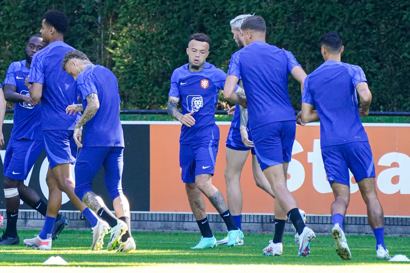 Quilindschy Hartman (w centralnej części zdjęcia) z innymi reprezentantami Holandii Grupa piłkarzy w niebieskich strojach sportowych trenuje na zielonym boisku, wykonując ćwiczenia i rozciągając się w otoczeniu zielonych krzewów i banerów reklamowych.