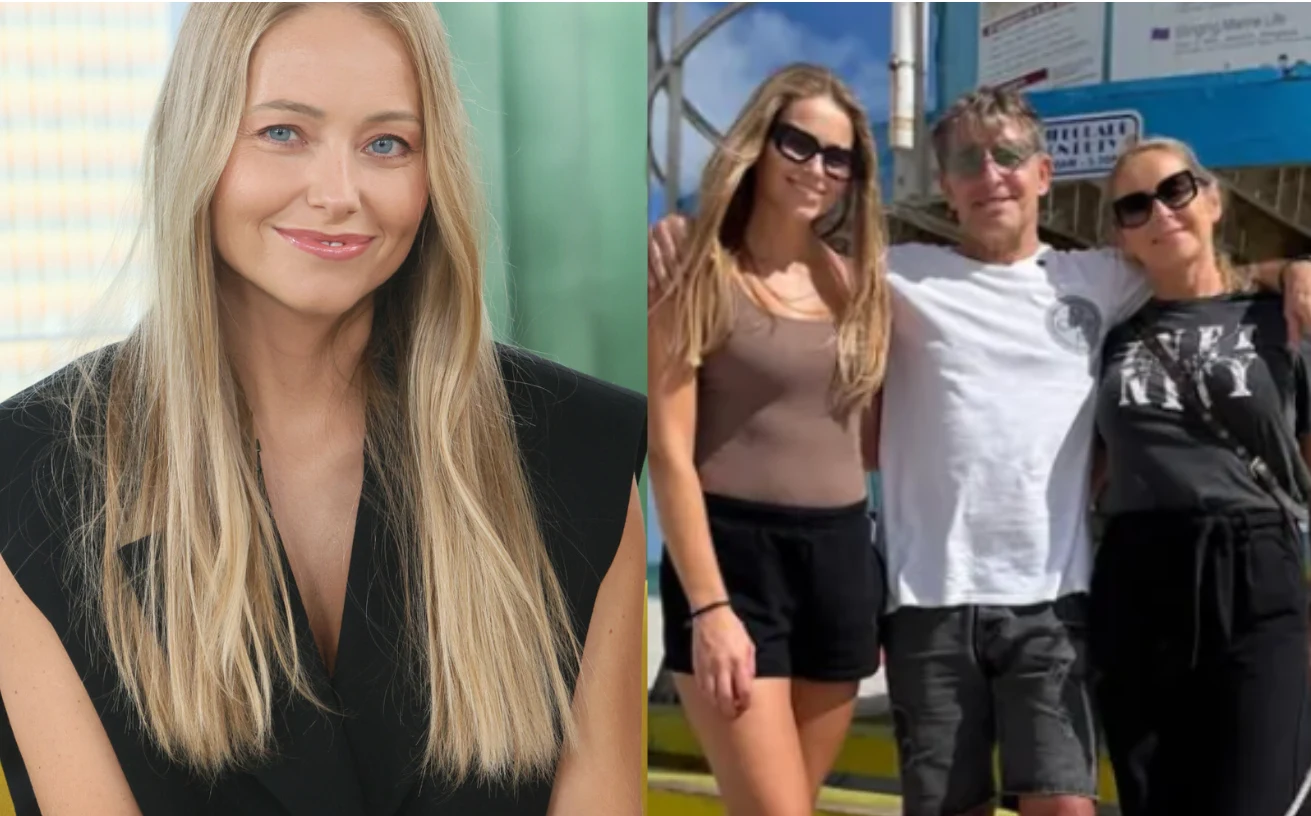 Po lewej uśmiechnięta kobieta z długimi blond włosami w czarnym ubraniu, na tle jasnego wnętrza. Po prawej trzy osoby na zewnątrz, dwie kobiety i mężczyzna, stoją blisko siebie, wszyscy w okularach przeciwsłonecznych, w swobodnym stroju, pogodna atmosf...