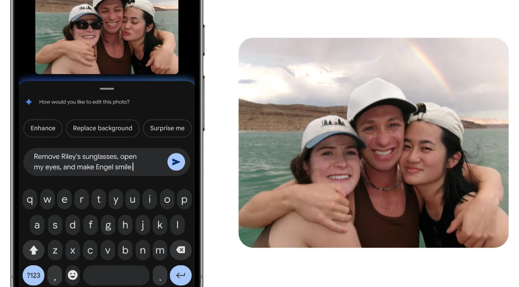 Inteligentny retusz w aplikacji Zdjęcia Google. Nano Banana pomoże w przeróbce zdjęć Trzy uśmiechnięte osoby w czapkach obejmują się na tle wody i pojawiającej się na niebie tęczy, po lewej widać telefon z wyświetlonym zdjęciem tej samej grupy oraz opcje edycji zdjęcia.