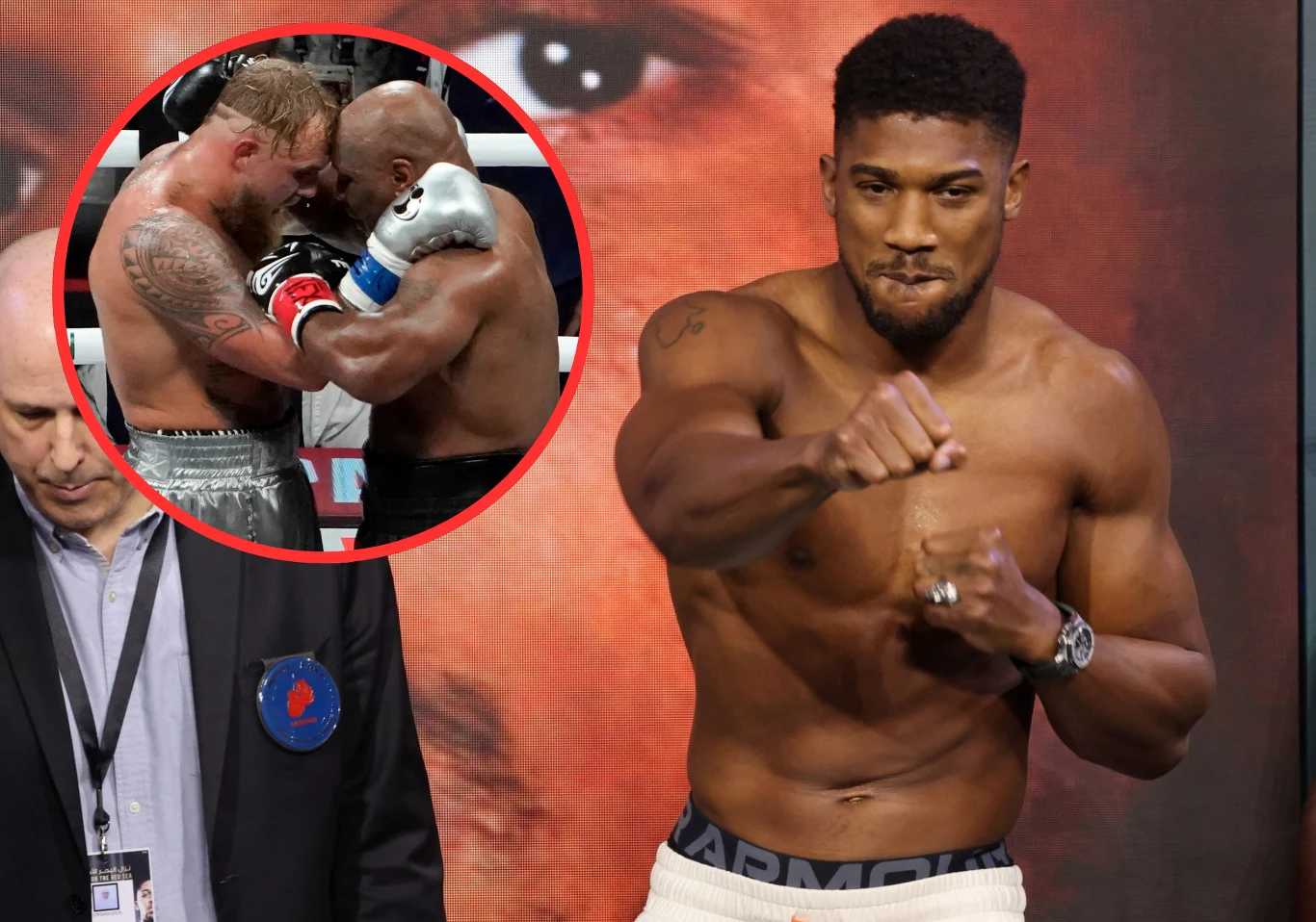 Antony Joshua jeszcze nie walczył z takim przeciwnikiem jak Jake Paul Półnagi bokser wykonuje gest bokserski, w tle widoczne powiększone zdjęcie jego twarzy, a w okrągłej ramce dodatkowa scena walki bokserskiej, w której dwóch zawodników stykających się głowami rywalizuje w ringu.