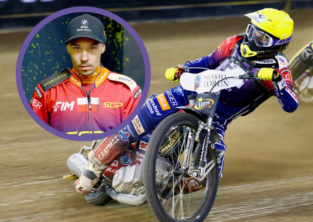 Żużlowiec na torze podczas wyścigu sportowego na motorze, w rogu okrągłe wstawienie ukazujące portret zawodnika w sportowym kombinezonie i czapce.