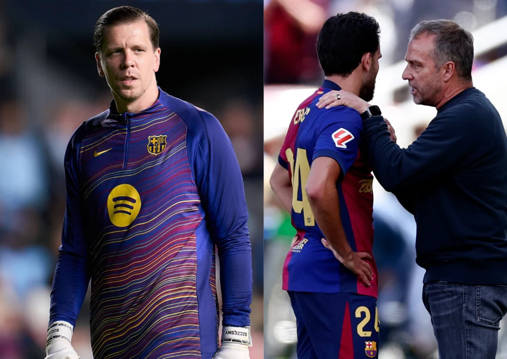 Wojciech Szczęsny, Eric Garcia i Hansi Flick Bramkarz ubrany w strój treningowy FC Barcelony podczas meczu oraz scena rozmowy trenera z piłkarzem na boisku, widoczne emocje i elementy klubowe.