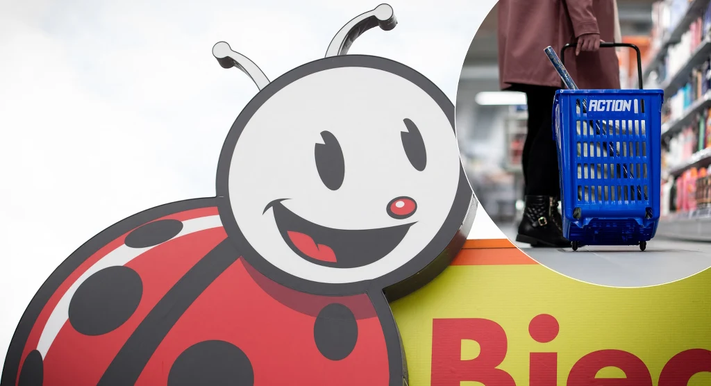 W ofercie dyskontów typu Biedronka, Lidl czy Action regularnie pojawiały się kolejne dropy figurek Funko. Fani mogli zgarnąć prawdziwe perełki w całkiem niezłych cenach Logo sklepu Biedronka z charakterystyczną biedronką oraz fragment wózka zakupowego z logo sklepu Action, trzymanego przez osobę w alejce sklepowej.