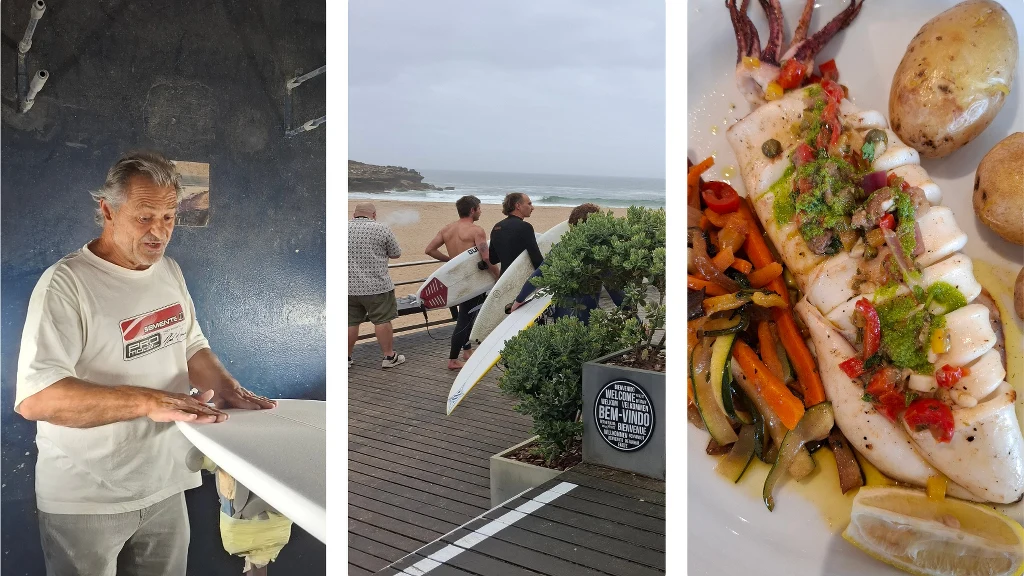 Ericeira jest pełna życia również jesienią. Surferzy mogą zamówić deski, korzystać z wysokich fal, a następnie pożywić się świetnych restauracjach przy plaży Mężczyzna pracujący przy desce surfingowej, grupa surferów udających się na plażę z deskami oraz grillowany kalmar z ziemniakami i warzywami na talerzu.