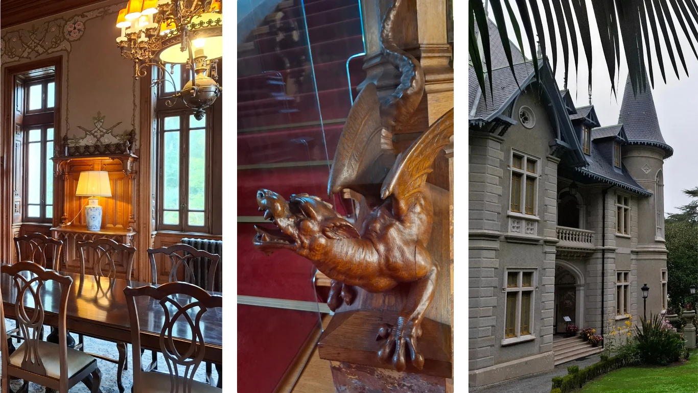 Zabytkowa jadalnia z drewnianym stołem i krzesłami ozdobiona lampą, rzeźba przedstawiająca smoka z rozpostartymi skrzydłami oraz fasada pałacowego budynku z ozdobnymi wieżyczkami.