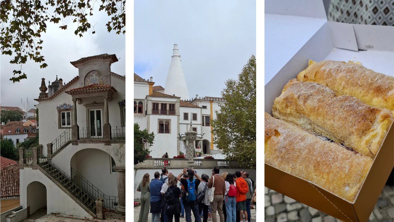 Zabytkowy budynek z bogato zdobioną fasadą, grupa turystów zwrócona w kierunku białego pałacu z charakterystycznym stożkowym kominem oraz dwie słodkie wypieki obsypane cukrem w pudełku.