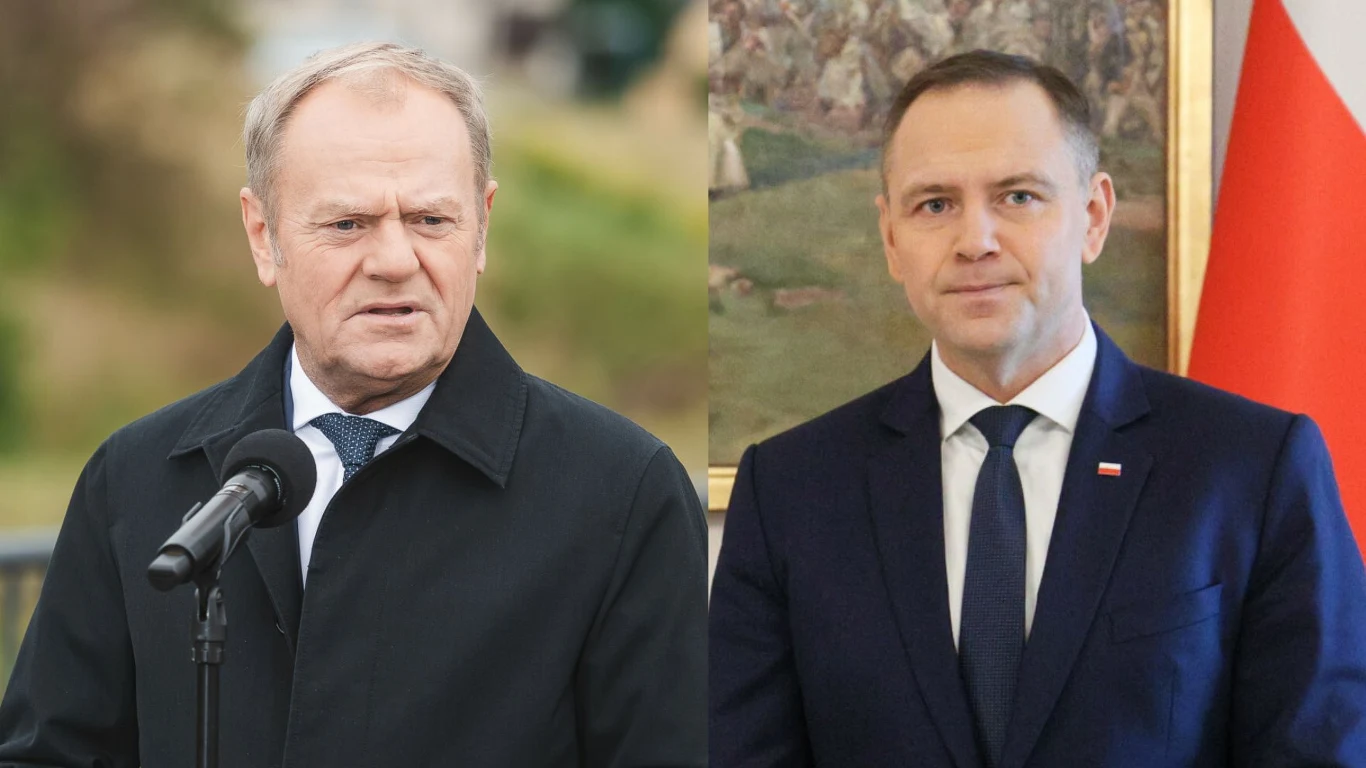 Konflikt na linii Tusk - Nawrocki. Politolog komentuje Dwie osoby w garniturach, każda sfotografowana osobno; po lewej mężczyzna przy mikrofonie na tle plenerowym, po prawej mężczyzna w biurze na tle polskiej flagi i obrazu.