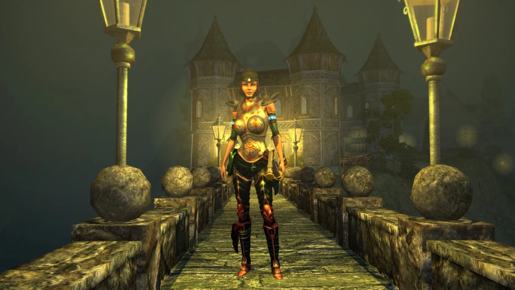Postać kobiety w fantastycznej zbroi stoi na kamiennym moście oświetlonym latarniami, prowadzącym do tajemniczego zamku z wieżami, otoczonego mgłą.