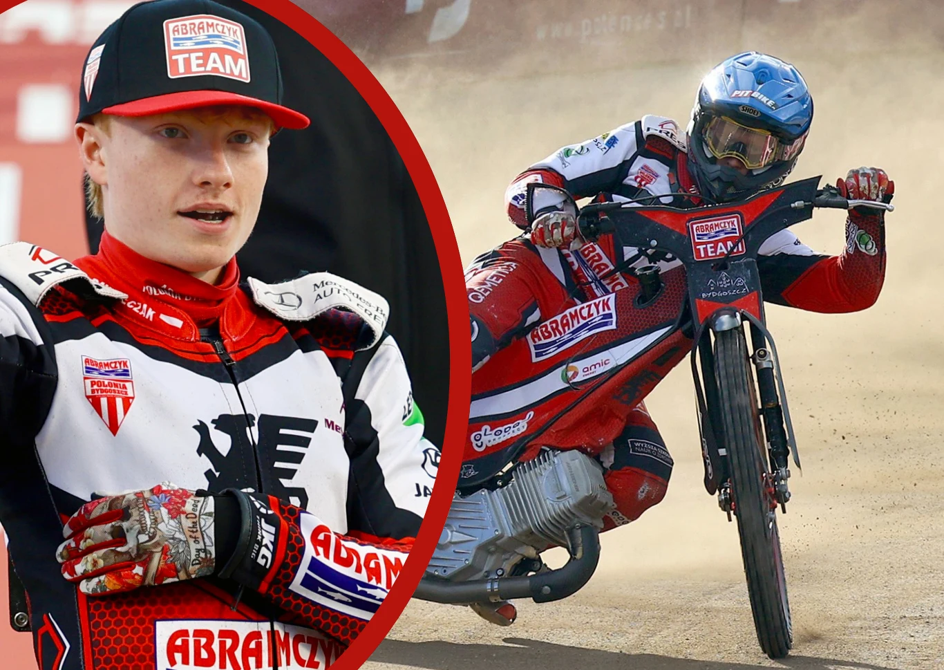 Zawodnik żużlowy podczas wyścigu na torze oraz jego portret w stroju drużyny Abramczyk Team. Charakterystyczny kombinezon i motocykl żużlowy podkreślają sportowy charakter sceny.