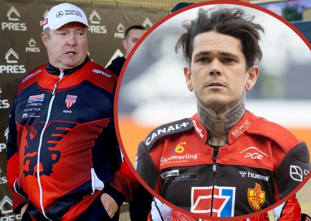 Tomasz Bajerski nowym trenerem Moonfin Malesy Ostrów. Skład został zbudowany za miliony, ale Bajerski nie chce składać żadnych deklaracji. Boi się o jedno. Dwóch mężczyzn w sportowych kurtkach drużyny żużlowej, jeden z nich widoczny w dużym zbliżeniu z tatuażami na szyi, drugi w tle z firmowym nakryciem głowy. Obaj mają poważny wyraz twarzy.