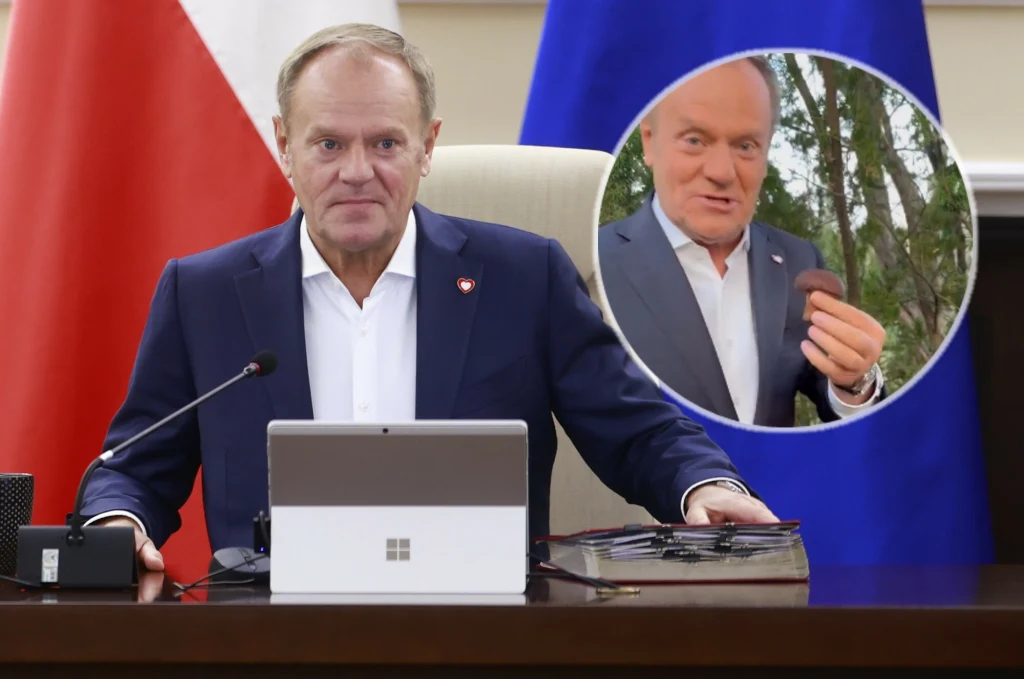 Mężczyzna w garniturze siedzi przy stole konferencyjnym z laptopem i mikrofonem, na pierwszym planie leżą okulary oraz gruba książka; w okrągłym wstawieniu obok pokazany ten sam mężczyzna na zewnątrz trzymający w ręce ciastko i uśmiechający się.