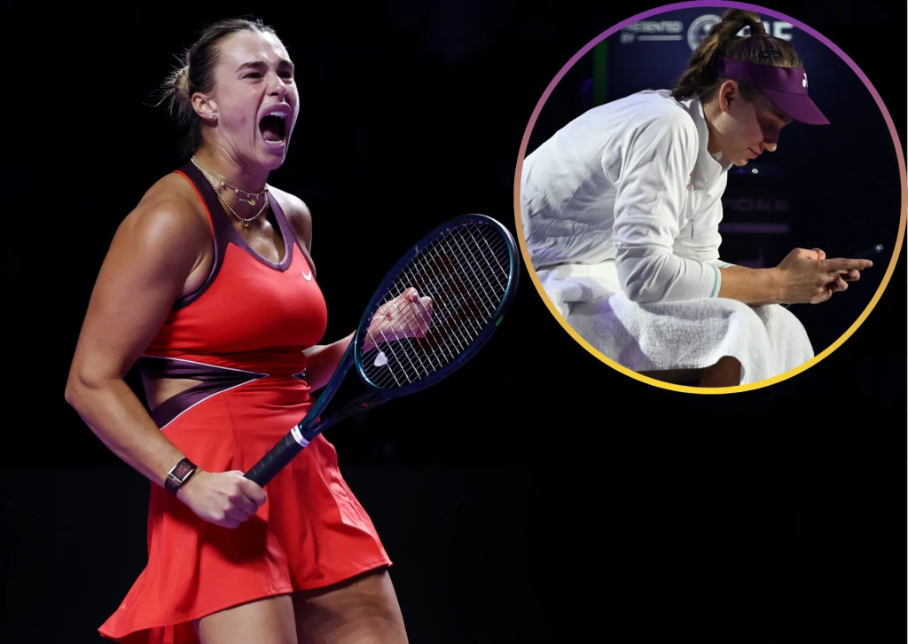 Aryna Sabalenka i Jelena Rybakina Tenisistka w czerwonym stroju wyraża silne emocje, mocno ściskając pięść, trzymając rakietę; w okrągłym wycinku widoczna druga zawodniczka w białym stroju siedzi na ławce i patrzy w telefon.